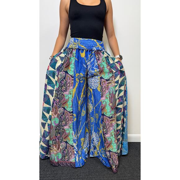Mixed-print wide-leg trousers- One Size 100% Silk - Picture 1 of 5